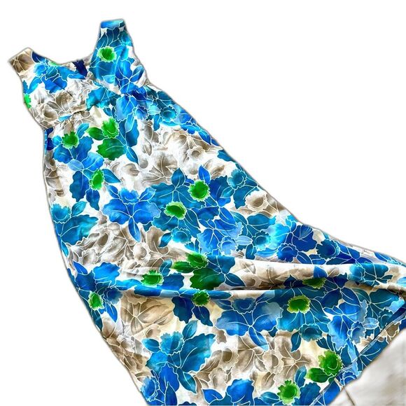 Vintage 70s Kawika of Hawaii Honolulu Floral Blue Green Empire Maxi Dress XS S - Picture 1 of 9